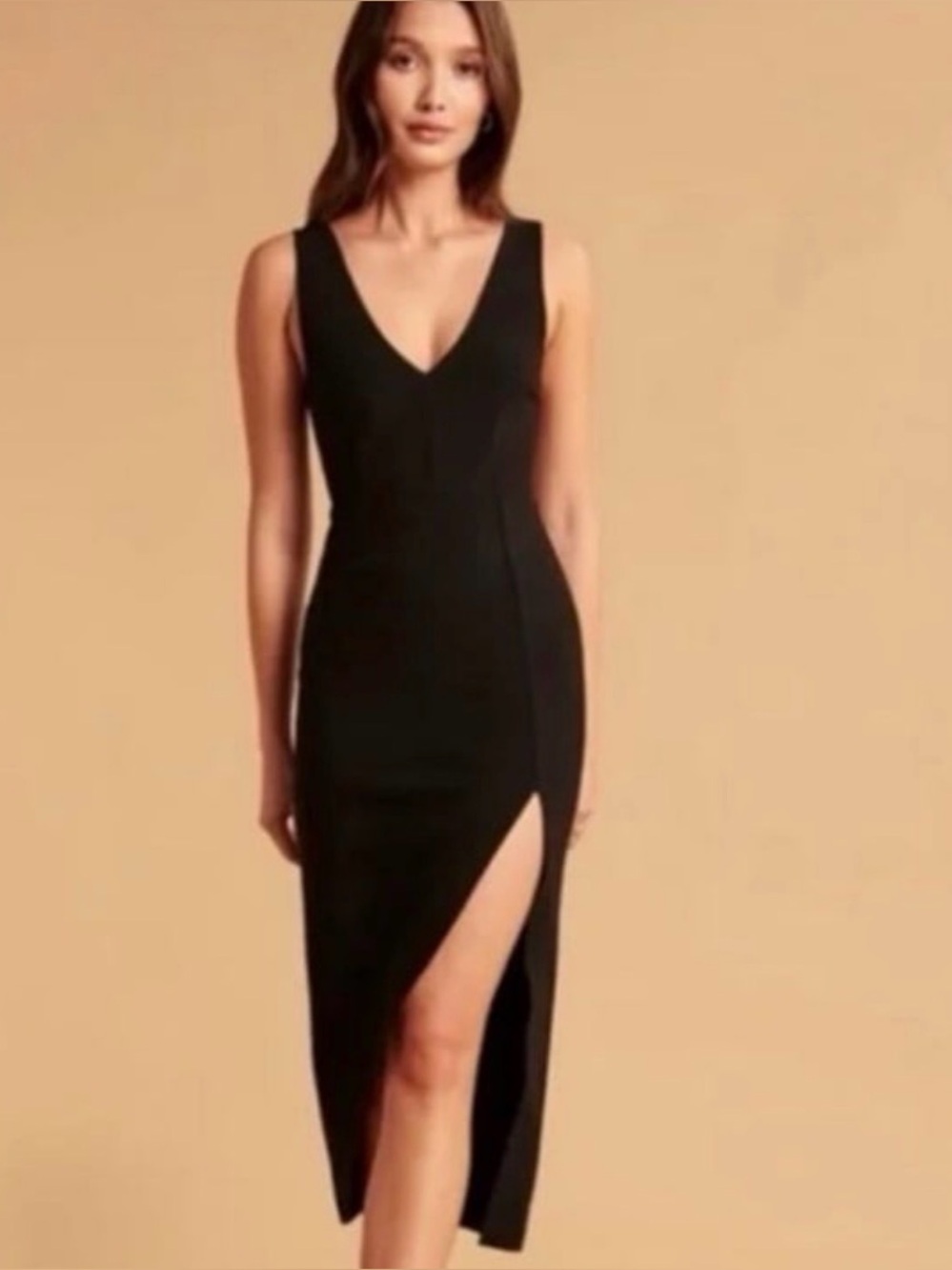 Abercrombie & Fitch Black V-Neck Midi Dress with Side Slit
